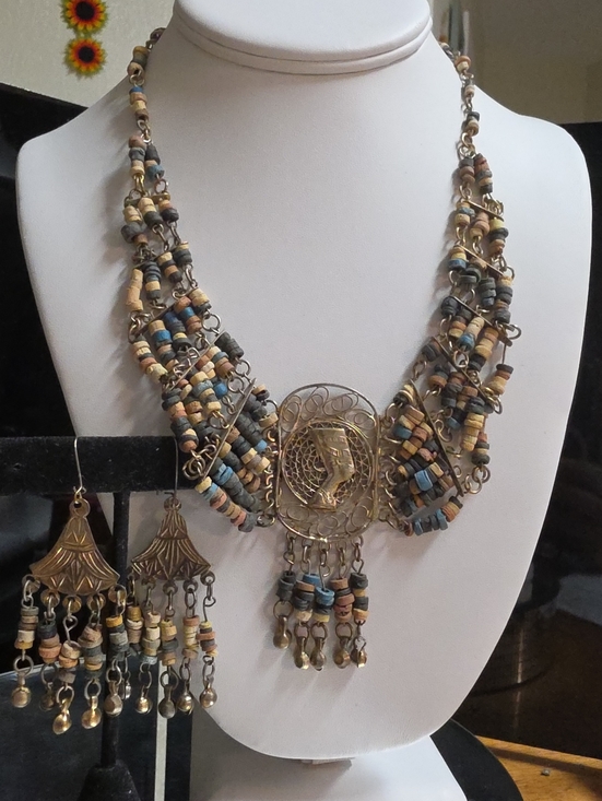 Artisan Jewelry - Vintage Egyptian Revival Nefertiti Terra Cotta Bead Necklace and Earring Set